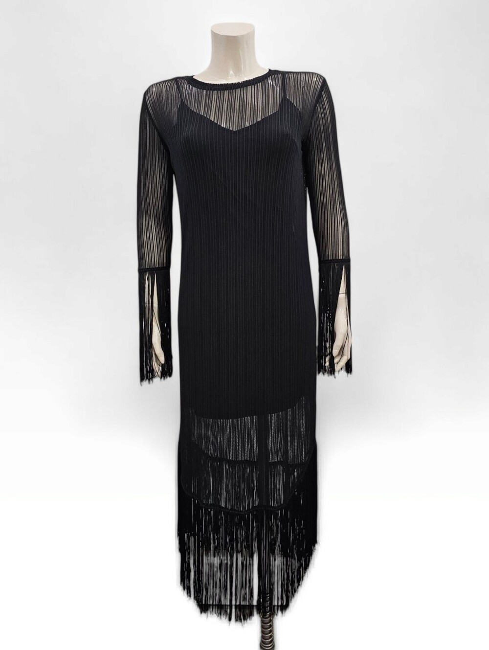 ZARA Sheer Striped Overlay Fringe Midi Maxi Dress S